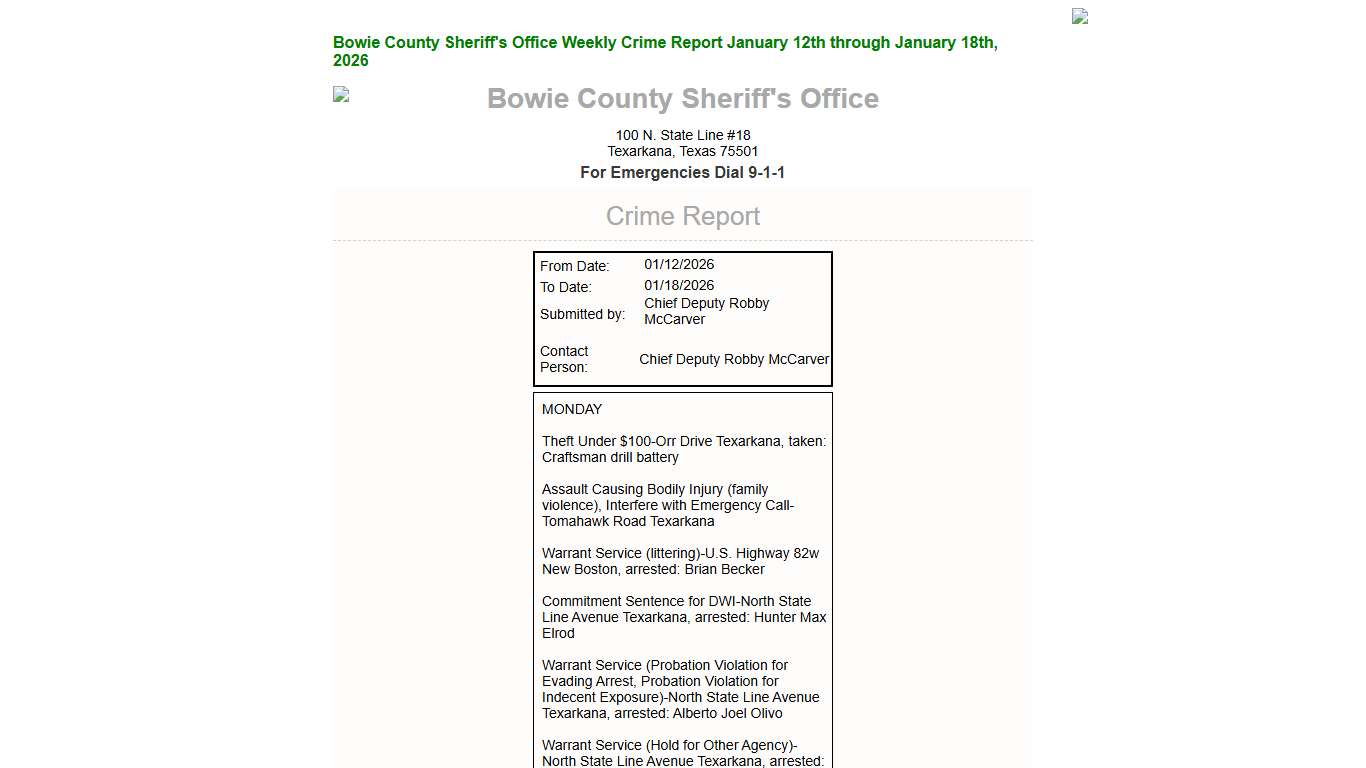 Bowie County Sheriff's Office Weekly Crime Report January 12th through January 18th, 2026